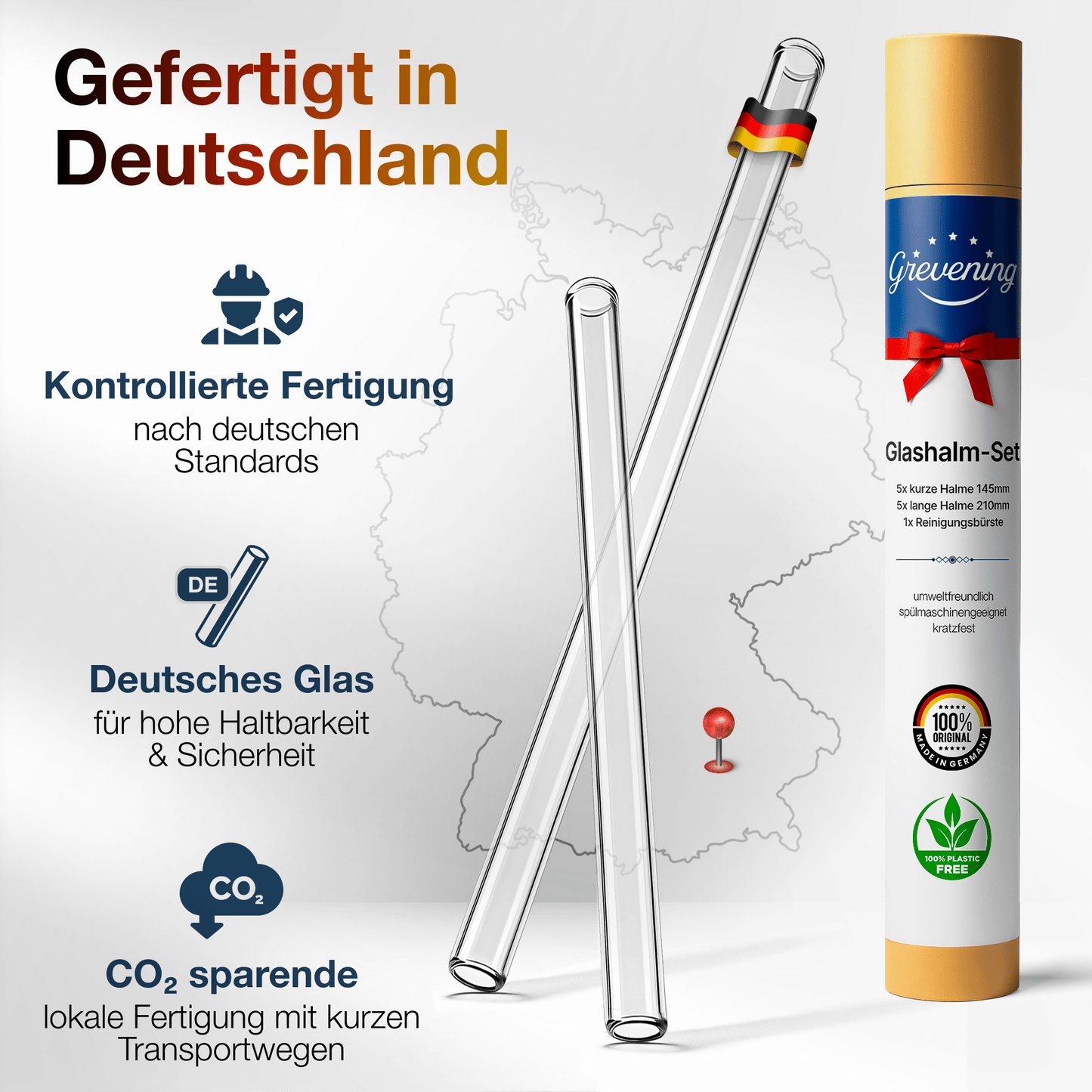 GREVENING Glasstrohhalme Set - 10 Halme + Bürste