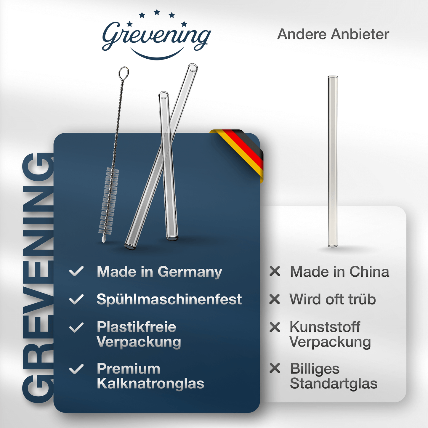 GREVENING Glasstrohhalme Set - 10 Halme + Bürste