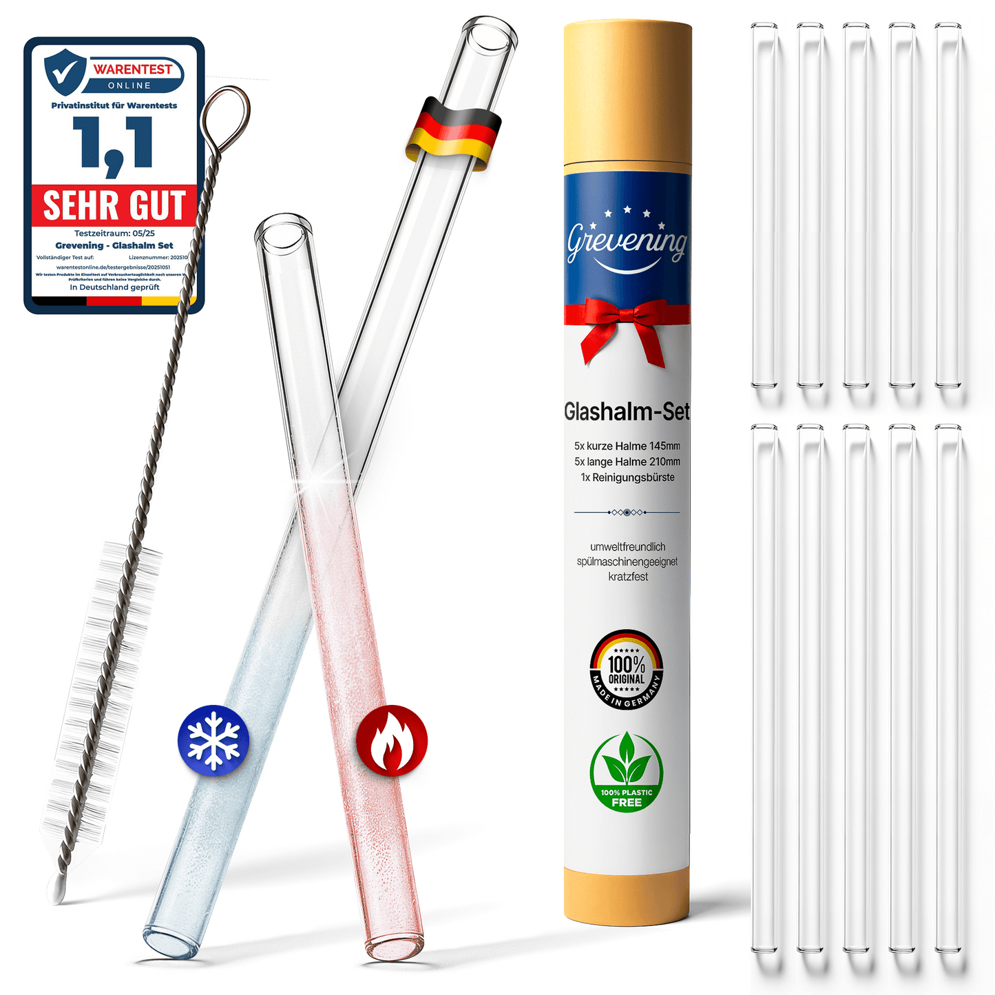 GREVENING Glasstrohhalme Set - 10 Halme + Bürste