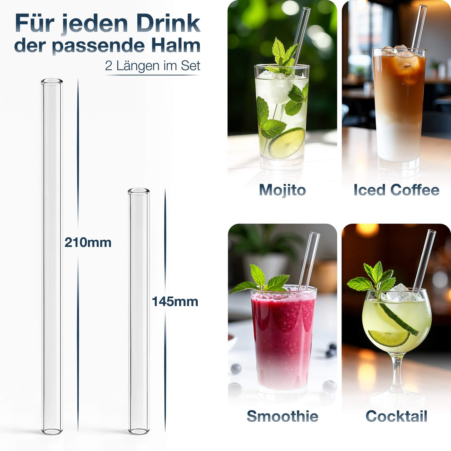 GREVENING Glasstrohhalme Set - 10 Halme + Bürste